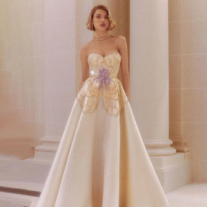 Luxury Beaded Butterfly Beige Evening Dresses for Women Wedding 2025 Elegant Sweetheart Satin Prom Party Gowns LA72195