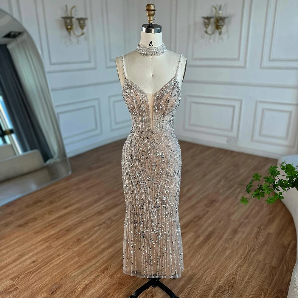 White Nude Beaded Evening Dress with Spaghetti Straps LA72047D - SERENE HILL