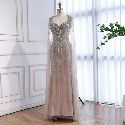 Luxury Caramel Beaded Evening Dress With Cape LA72992A - SERENE HILL