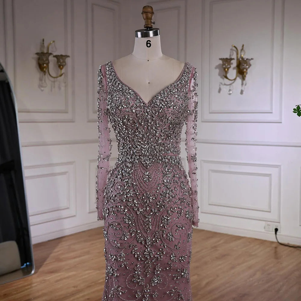 Luxury Nude Beaded Crystal Evening Dress with Long Sleeves LA73042 - SERENE HILL