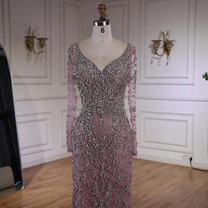 Luxury Nude Beaded Crystal Evening Dress with Long Sleeves LA73042 - SERENE HILL