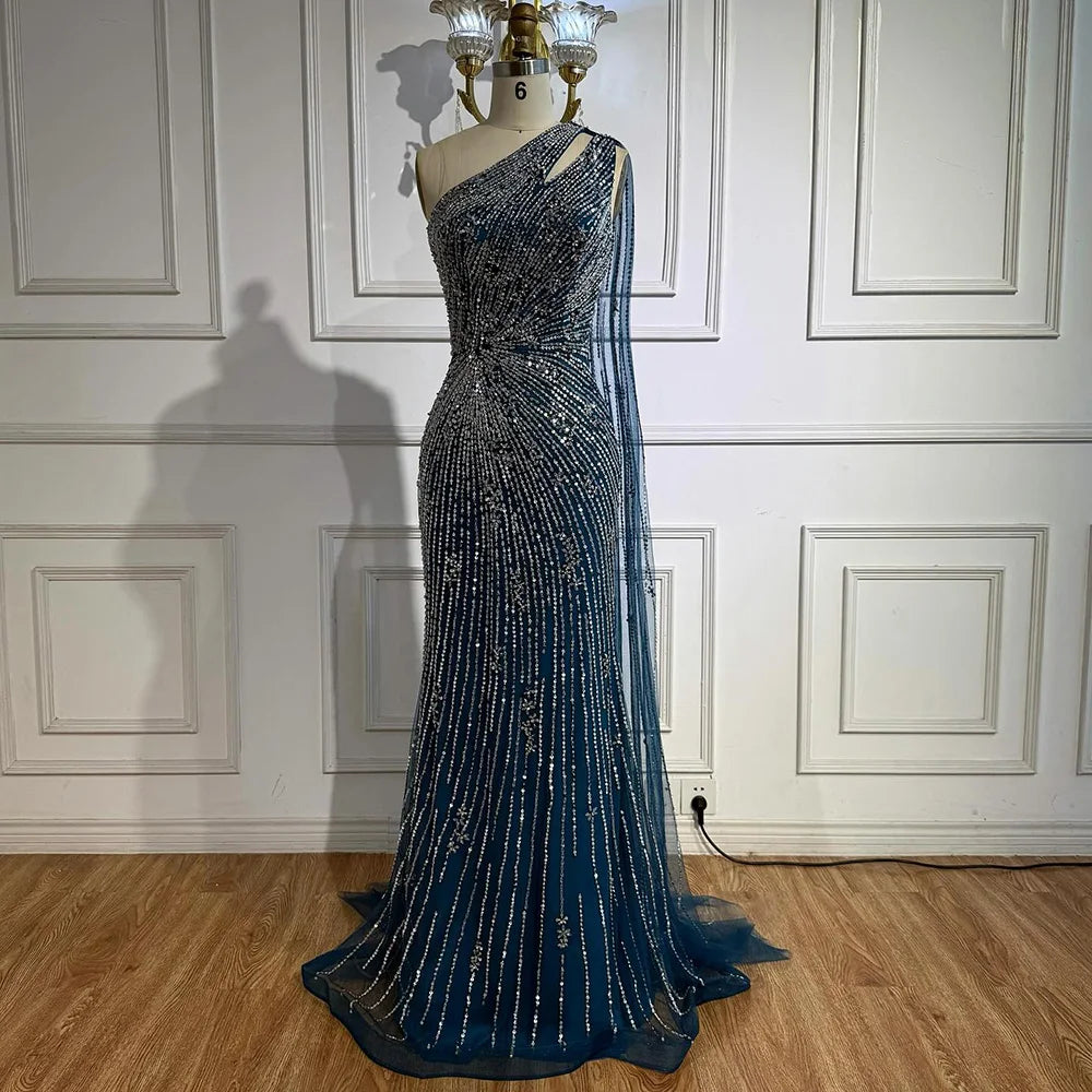 Luxury Black One Shoulder Mermaid Evening Dress with High Slit LA72829 - SERENE HILL