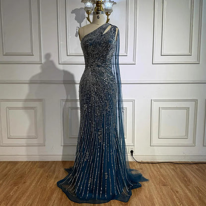 Luxury Black One Shoulder Mermaid Evening Dress with High Slit LA72829 - SERENE HILL