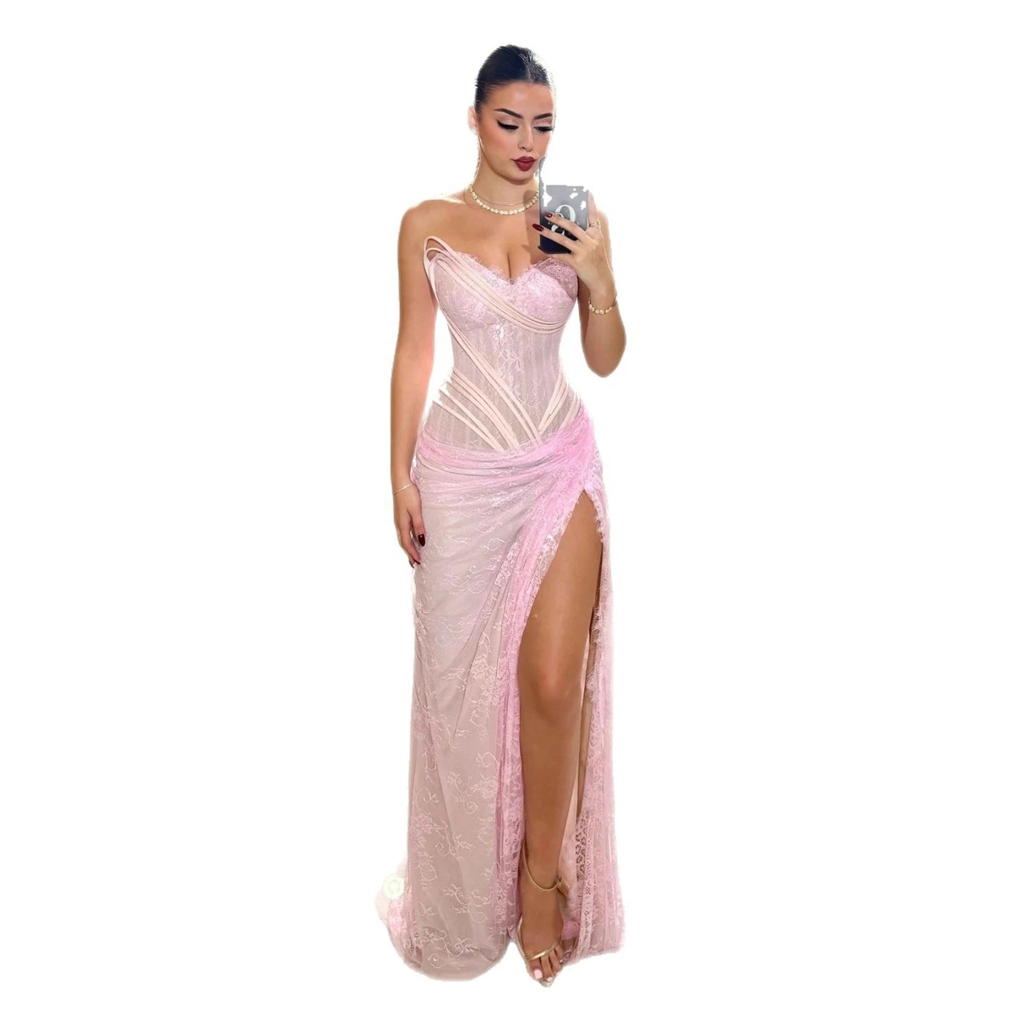 Luxury Pink Saudi Arabic Lace Embroidery Evening Dress LA73373 - SERENE HILL