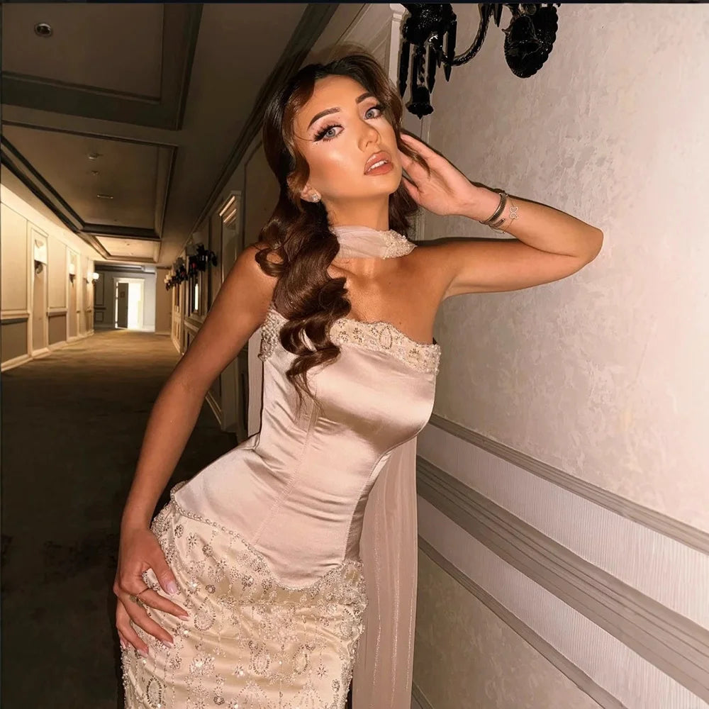 Luxury Caramel Satin Beaded Evening Dress with Bodice LA72805C - SERENE HILL