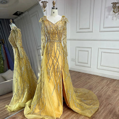 Serene Hill Muslim Gold Mermaid With Overskirt Beaded Luxury Dubai Evening Dresses Gowns 2025 For Women Wedding Party LA72211 - SERENE HILL
