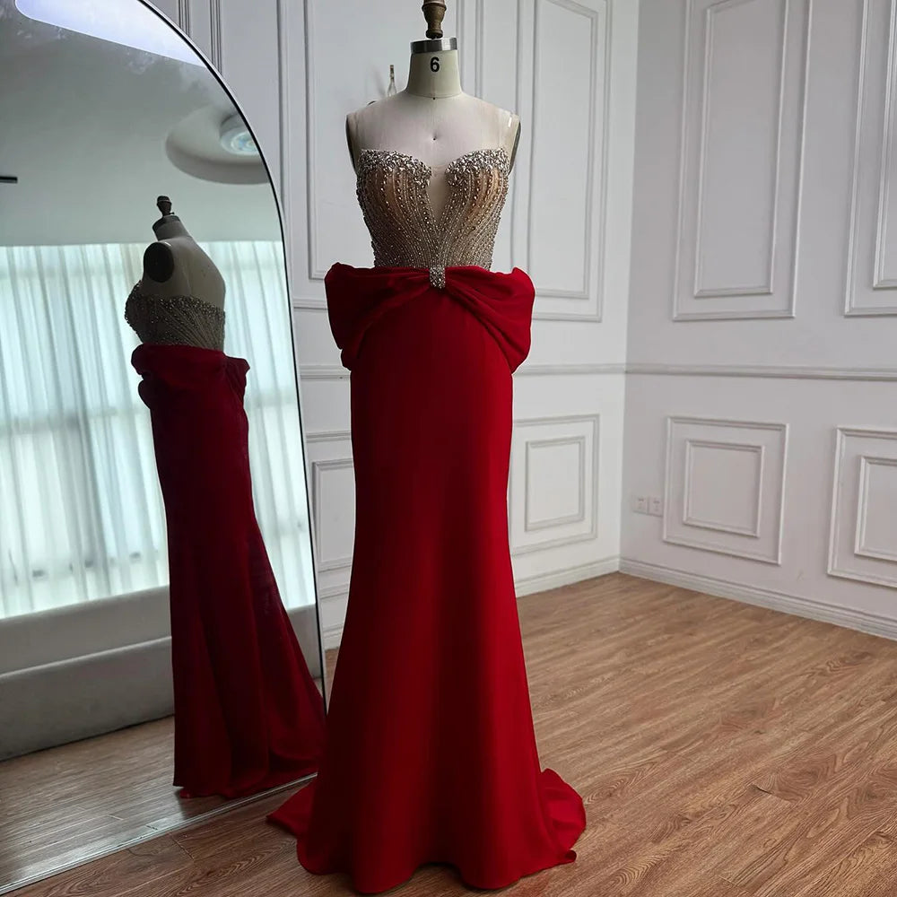 Designer Red Satin Evening Dress with Bow LA73060 - SERENE HILL