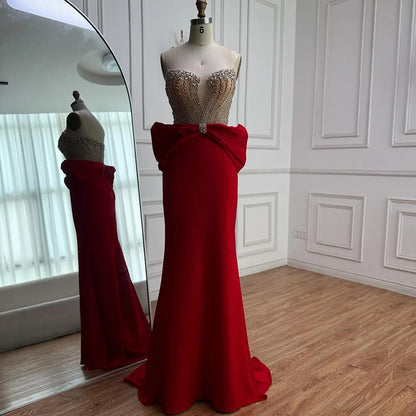 Designer Red Satin Evening Dress with Bow LA73060 - SERENE HILL
