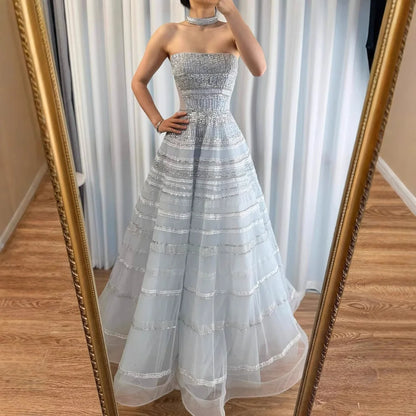 Luxury  Blue Cinderella Off Shoulder A-Line Beaded Evening Dress LA73079 - SERENE HILL