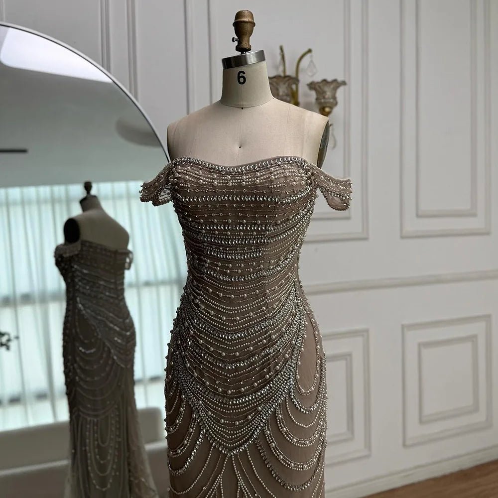 Luxury Arabic Caramel Beaded Mermaid Evening Dress with Pearls SERENE HILL LA72253C - SERENE HILL