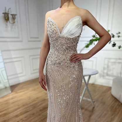 Luxury Dubai  Arabic White Nude Mermaid Gown Pearls Beaded Luxury Saudi Evening Dress for Formal Occasion LA72712 - SERENE  HILL