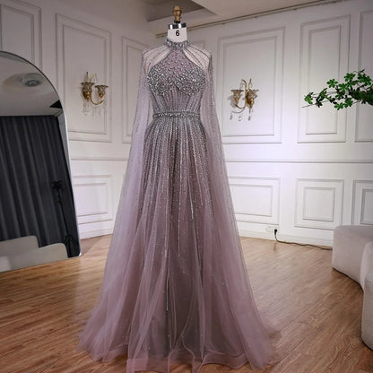 Luxury Beaded A-Line Evening Dress with Cape Sleeves LA73054 - SERENE HILL