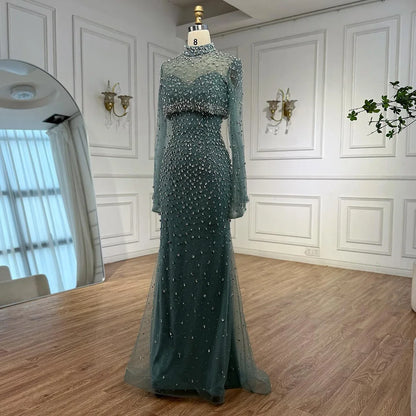Luxury Turquoise Two Pieces Beaded Mermaid Evening Dress with Detachable Top LA73095 - SERENE HILL