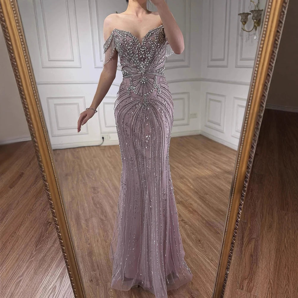 Luxury Pink Crystal Tassel Off Shoulder Evening Dress Dubai LA73204 SERENE HILL Luxury Pink Crystal Tassel Off Shoulder Evening Dress Dubai LA73204 SERENE HILL