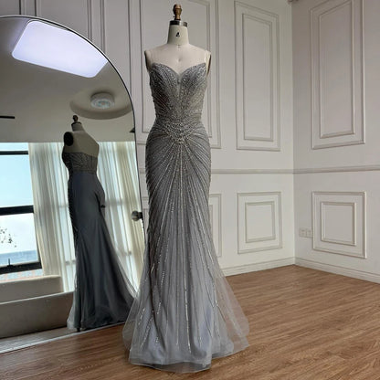 Luxury Nude Beaded Mermaid Evening Dress with Overskirt LA73182 - SERENE HILL