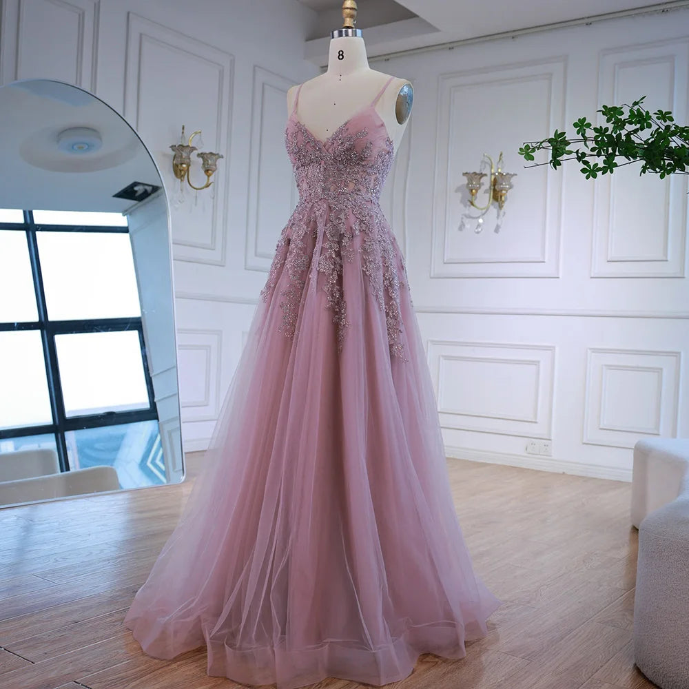 Luxury Pink Tulle A Line Prom Dress with Appliques LA73009 - SERENE HILL