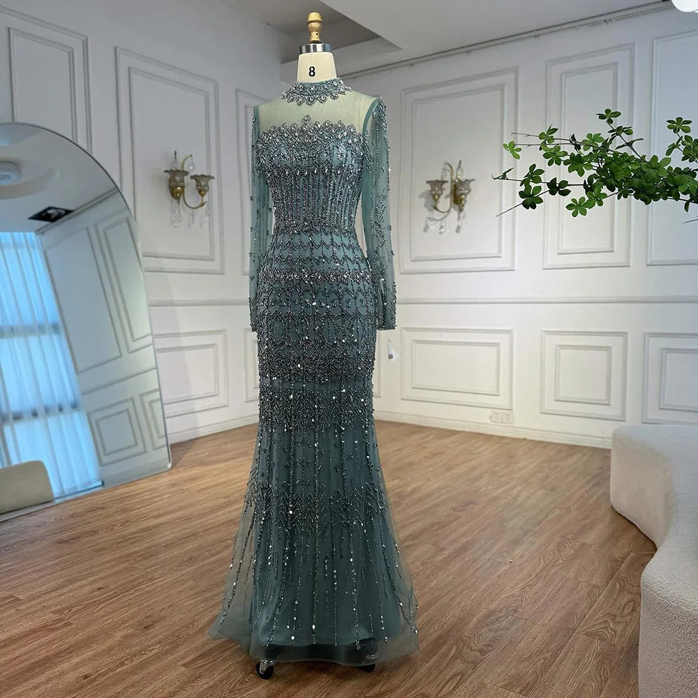 Luxury Arabic Turquoise Beaded Mermaid Evening Dress Long Sleeve LA72714C - SERENE HILL