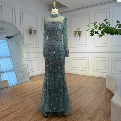 Luxury Arabic Turquoise Beaded Mermaid Evening Dress Long Sleeve LA72714C - SERENE HILL