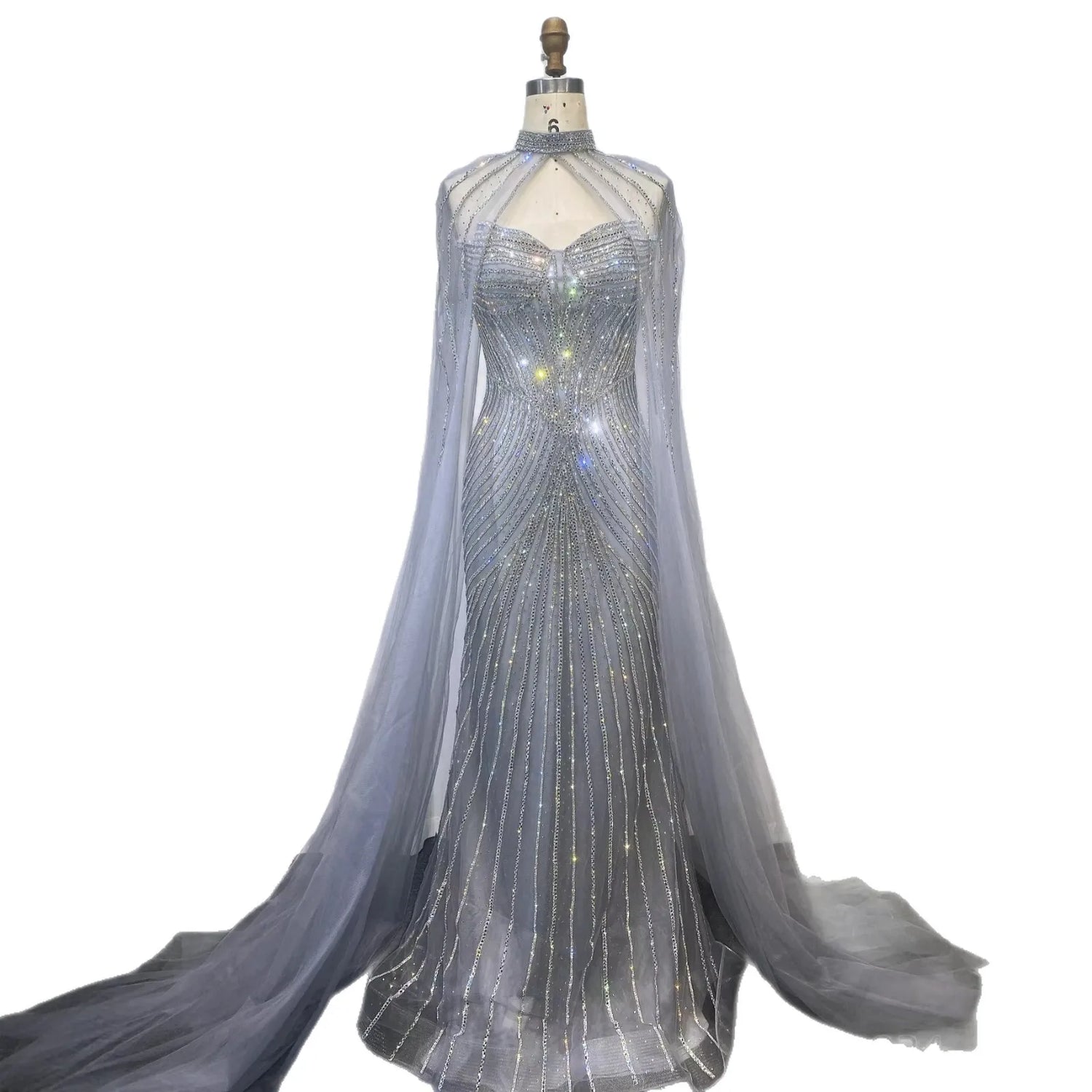 Luxury Nude Mermaid Evening Dress with Cape Sleeves LA73118 - SERENE HILL