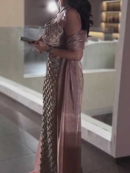 Luxury Pink Beaded Mermaid Evening Dress with Cape LA73366 - SERENE HILL