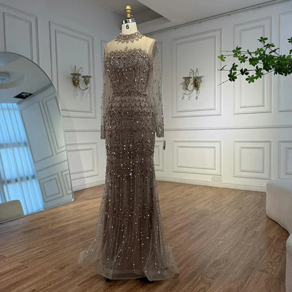 Luxury Arabic Turquoise Beaded Mermaid Evening Dress Long Sleeve LA72714C - SERENE HILL