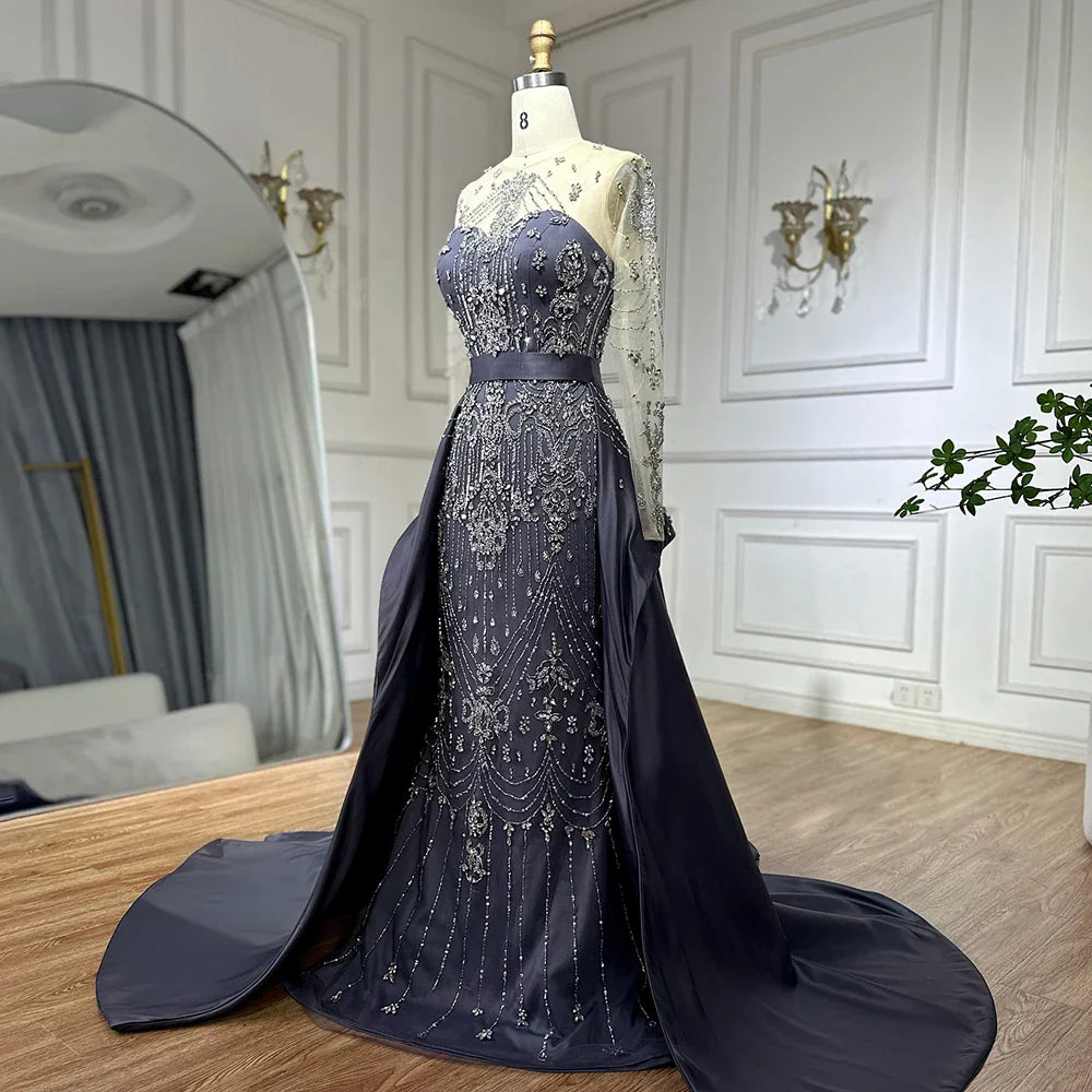 Luxury Dubai Blue Crystal Beaded Evening Dress with Overskirt LA72757 - SERENE HILL