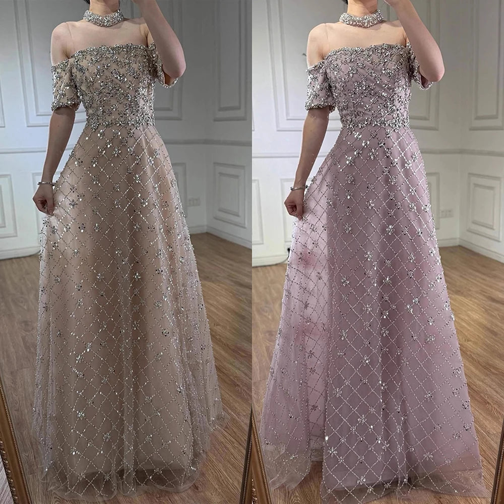 Luxury Nude Sliver Off Shoulder Beaded Crystal A-Line Evening Dress LA73122 - SERENE HILL