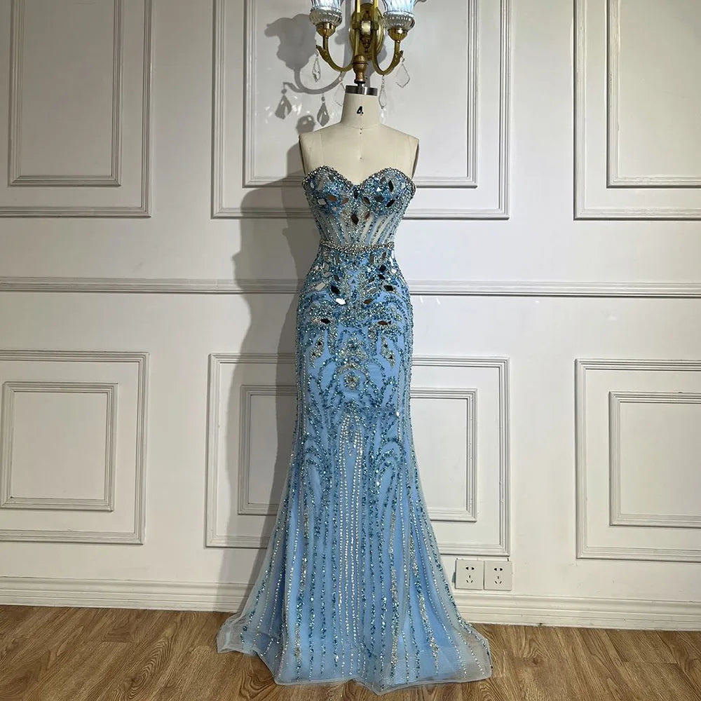 Serene Hill Arabic Blue Elegant Mermaid Beaded Luxury Dubai Evening Dresses Gowns 2025 for Women&