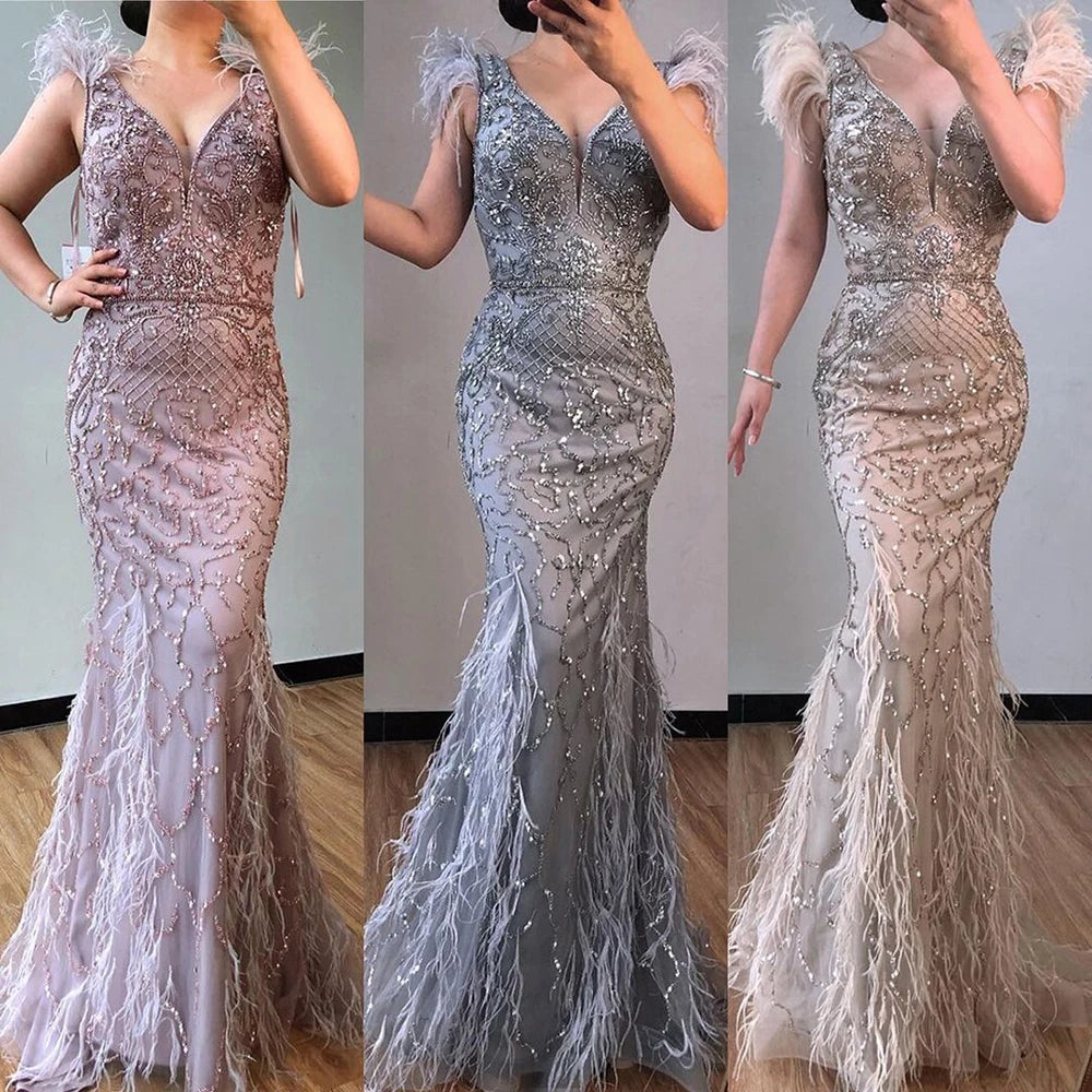 Champagne Luxury V-Neck Sexy Mermaid Evening Dresses 2025 Diamond Feathers Sleeveless Formal Dress Serene Hill LA70350 - SERENE HILL