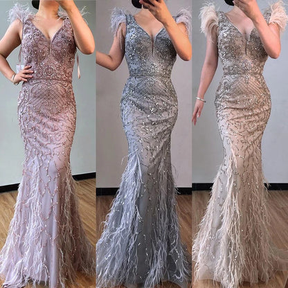 Champagne Luxury V-Neck Sexy Mermaid Evening Dresses 2025 Diamond Feathers Sleeveless Formal Dress Serene Hill LA70350 - SERENE HILL