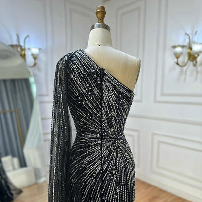 Luxury Black One Shoulder Mermaid Evening Dress with High Slit LA72829 - SERENE HILL