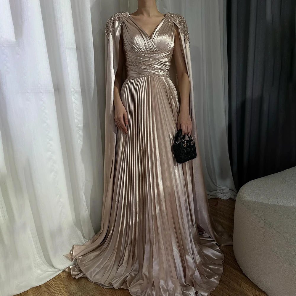 Rose Gold Beaded Satin A-Line Evening Dress with Cape Sleeves LA72663 SERENE HILL Rose Gold Beaded Satin A-Line Evening Dress with Cape Sleeves LA72663 SERENE HILL