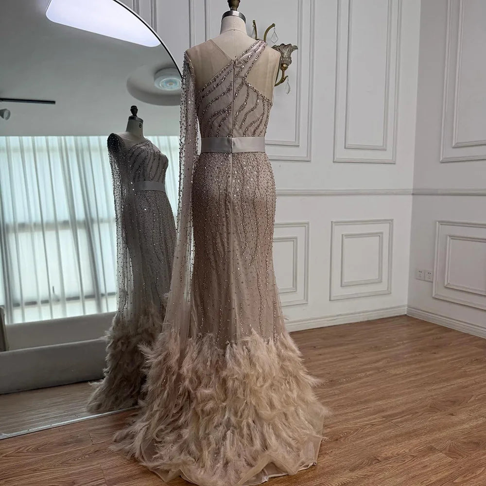Elegant Nude One Shoulder Feather Beaded Mermaid Evening Dress LA71096 - SERENE HILL