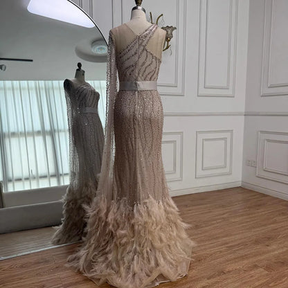 Elegant Nude One Shoulder Feather Beaded Mermaid Evening Dress LA71096 - SERENE HILL