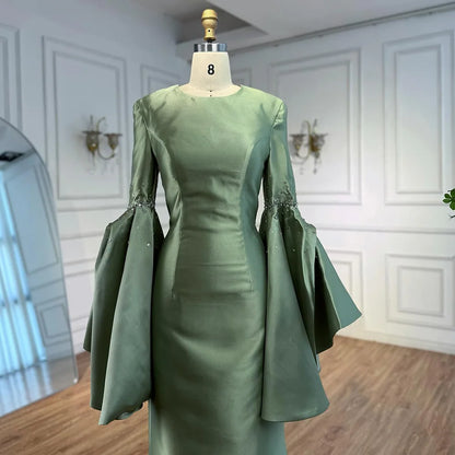 Luxury Sage Green Satin Evening Dress with Bell Sleeves 2025 LA73094 - SERENE HILL
