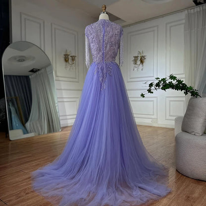 Serene Hill 2025 Arabic lilac Elegant A Line Beaded Tassel Luxury Dubai Evening Dresses Gowns for Woman Wedding Party LA72422 - SERENE HILL