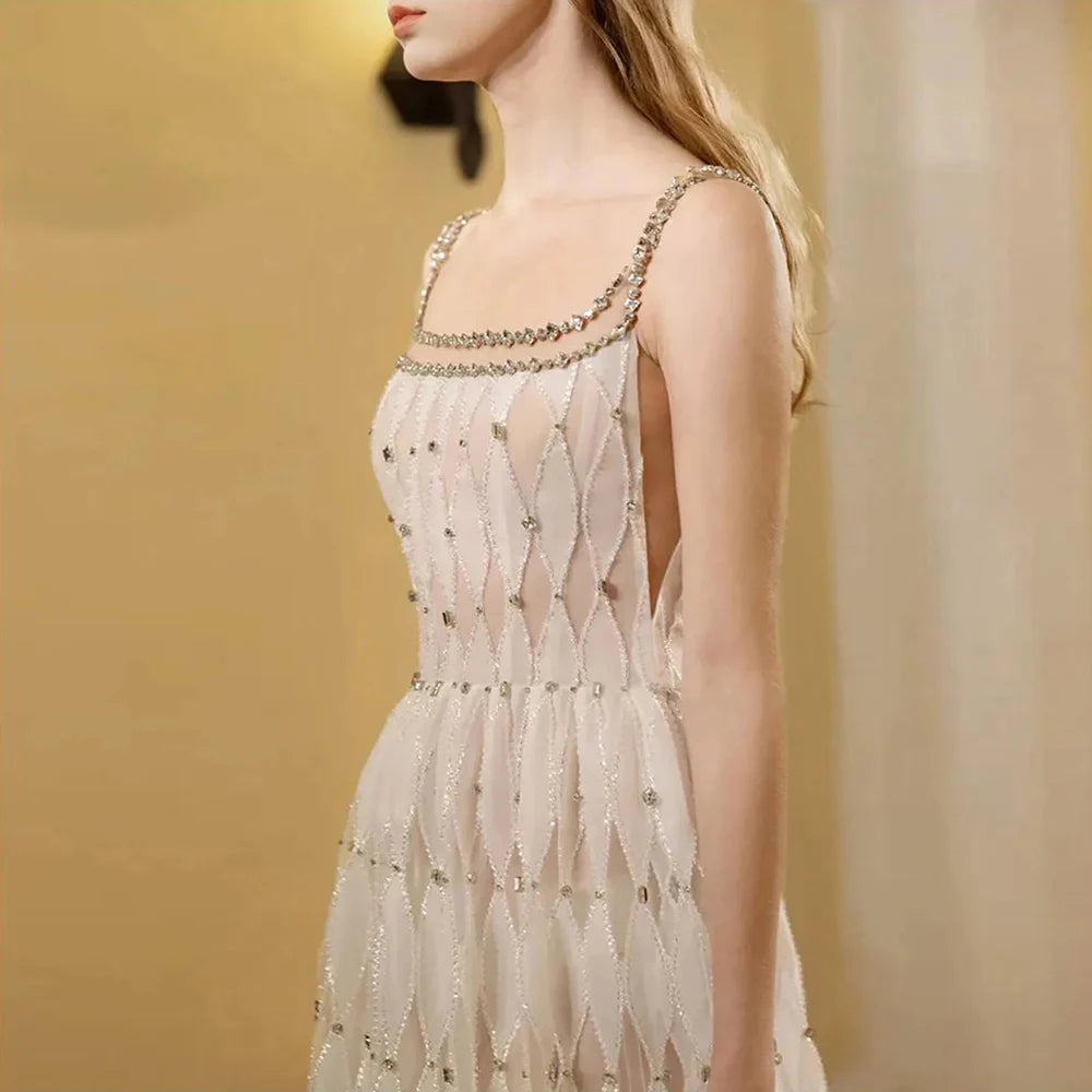 Serene Hill Luxury Crystal Dubai White Evening Dresses for Women Wedding Sqaure Neckline Midi Formal Prom Party Gown LA72473 - SERENE HILL
