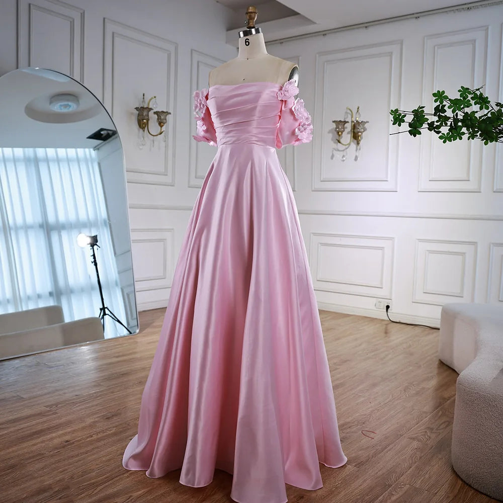 Luxury Pink Satin A Line Off Shoulder Arabic Evening Dress LA73036 - SERENE HILL
