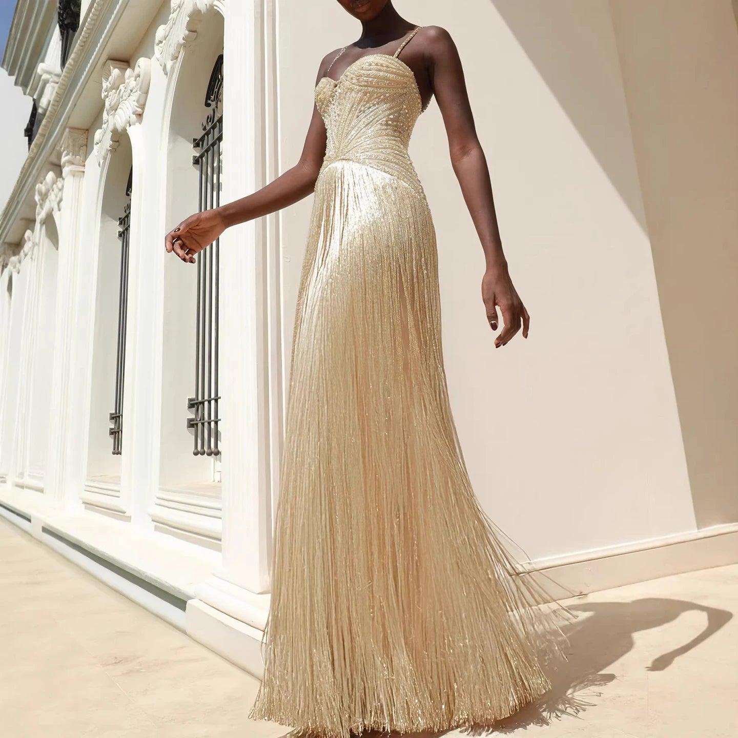 Luxury Arabic Gold Mermaid Beaded Tassel Evening Dress LA73446 Gold / 6