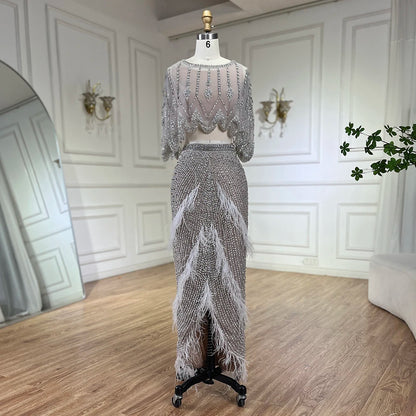 Luxury Dubai White Feathers Two Pieces Evening Dresses LA72098 - SERENE HILL