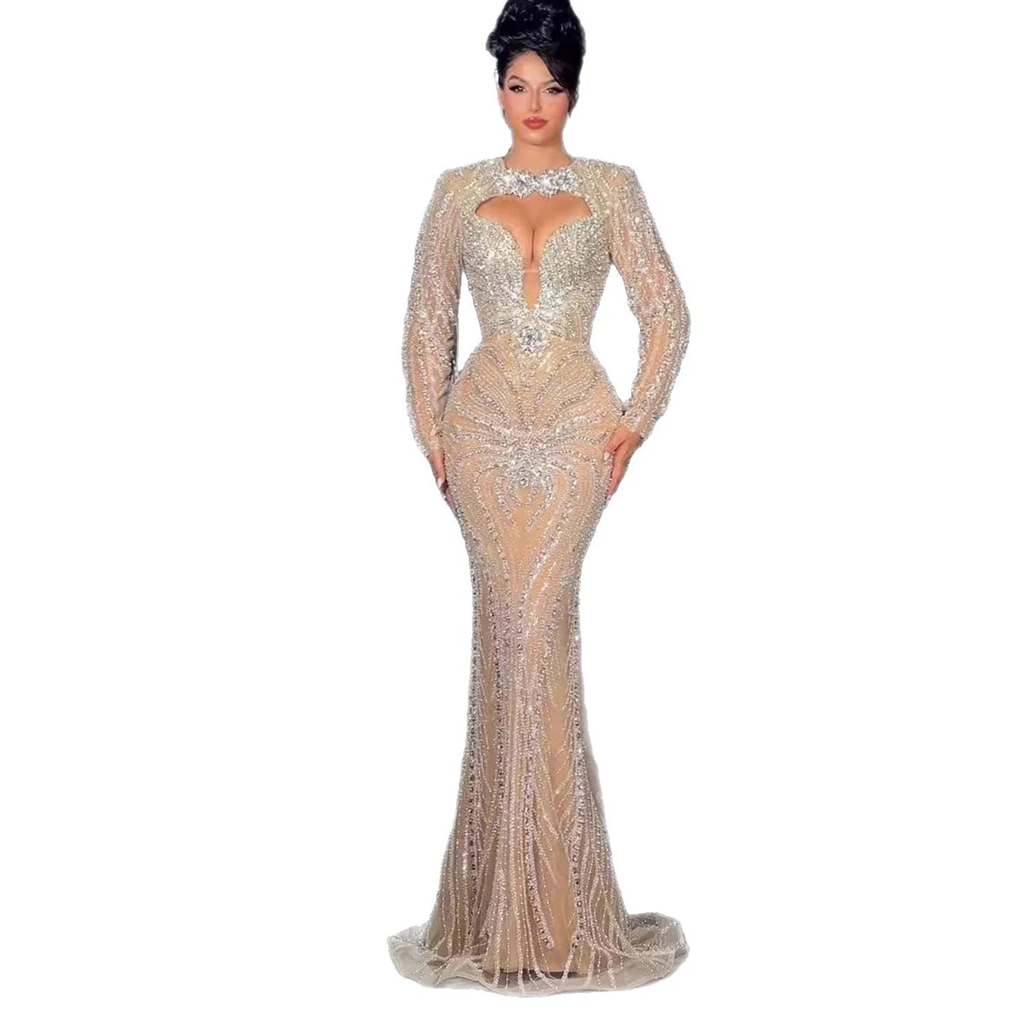 Luxury Nude Crystal Beaded Long Sleeve Mermaid Evening Dress LA73412 - SERENE HILL