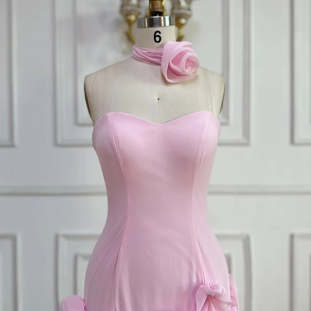 Elegant Evening Dress for Girls Arabic Pink 3D Flowers Elegant Srapless Dress Side Split Prom Party Gowns LA72568 - SERENE HILL