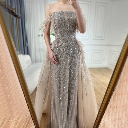 Luxury Dubai Blue Mermaid Gown Luxury Feathers Beaded Saudi Evening Dress with Overlay Skirt for Formal Occasion LA72727 - SERENE HILL