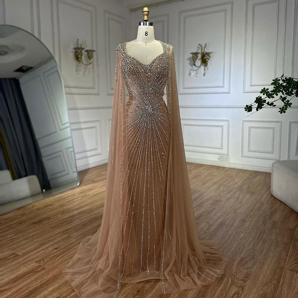 Dubai Luxury Nude Cape Sleeves Beaded Evening Dress LA72575A - SERENE HILL