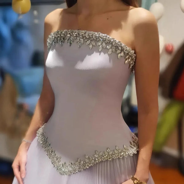 Luxury Lilac Strapless Beaded Evening Dress with Floral Train LA72913A
