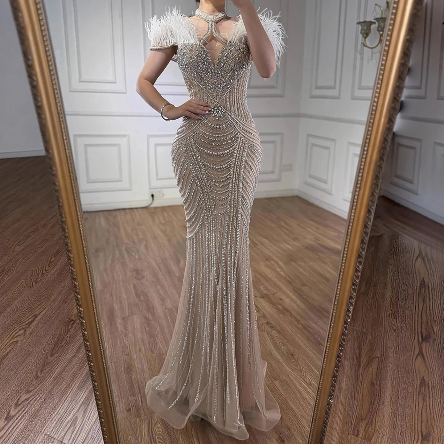 Luxury Pink Feather Halter Beaded Evening Gown for Wedding Party LA73212 - SERENE HILL