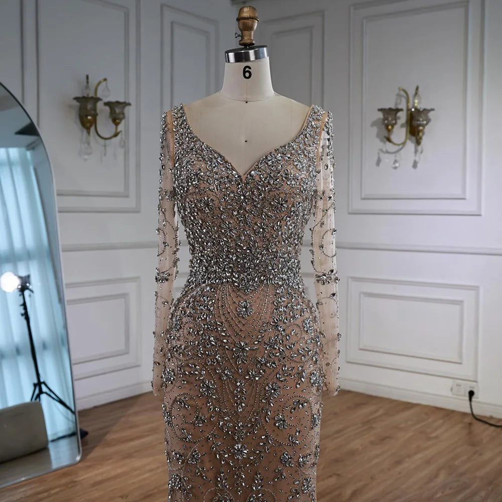 Luxury Nude Beaded Crystal Evening Dress with Long Sleeves LA73042 - SERENE HILL