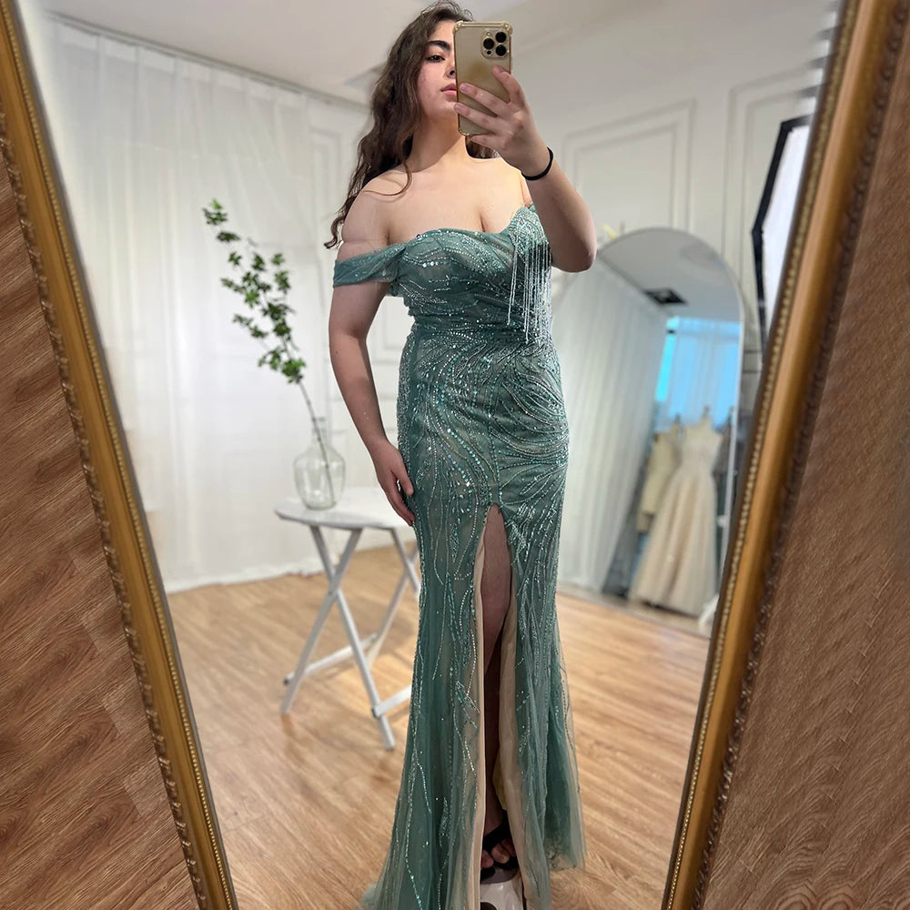Serene Hill Green Luxury Mermaid Evening Dresses Gowns 2025 Cap Sleeves Beaded Elegant For Women Party LA71438 - SERENE HILL