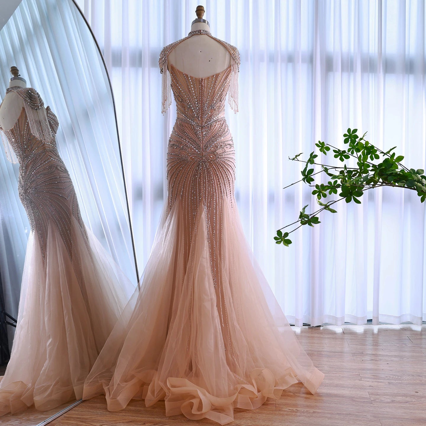 Luxury Dubai Beaded Blue Pink Evening Dress with Tassel Cape LA72897B - SERENE HILL
