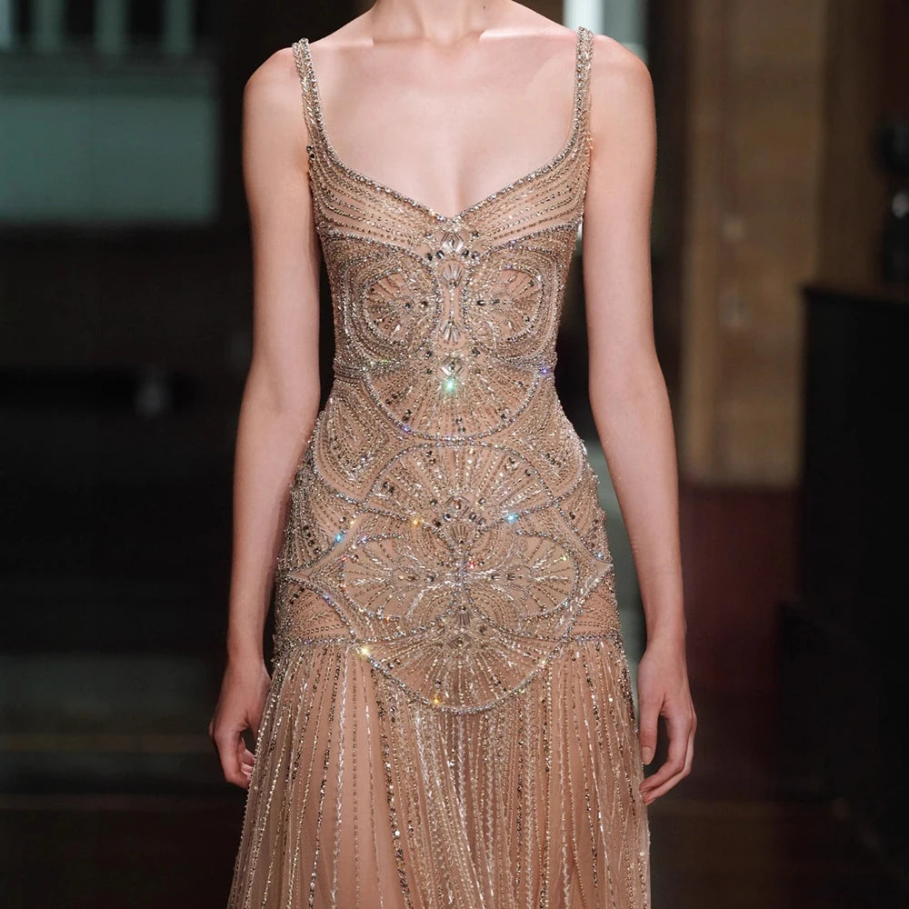 Luxury Nude Spaghetti Strap Beaded A line Evening Dress LA73189 - SERENE HILL